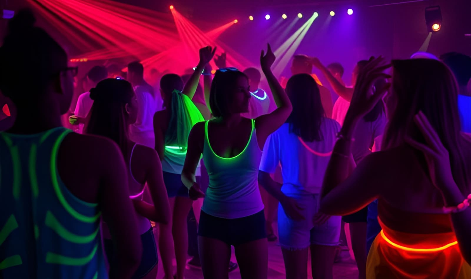 Neon disco with guests and glow sticks