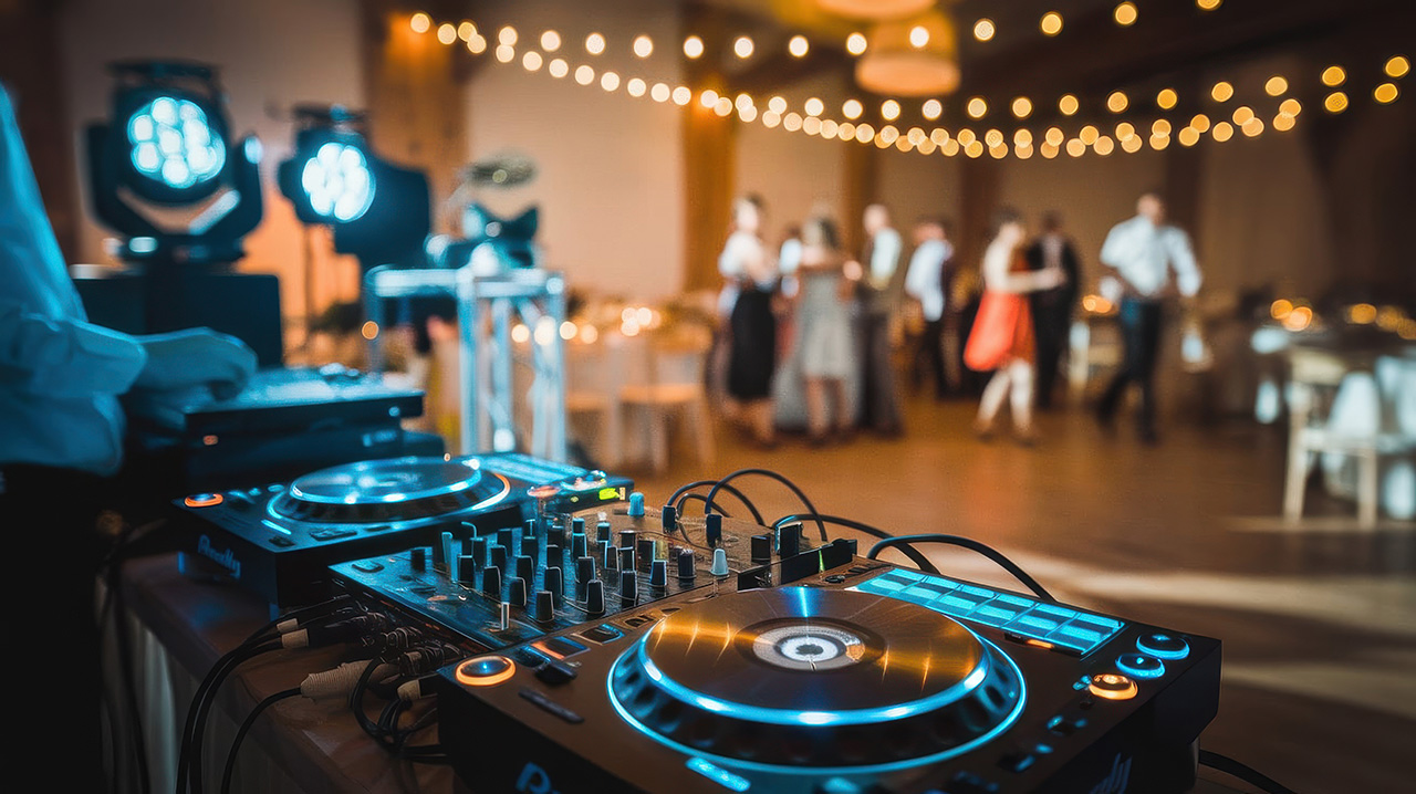 DJ behind the soundsystem at a wedding