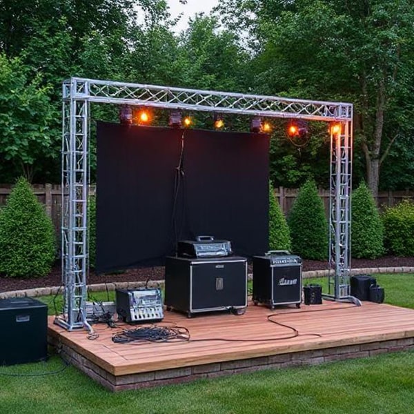 PA setup with lighting truss