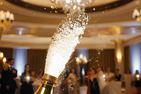 Champagne bottle exploding at a party