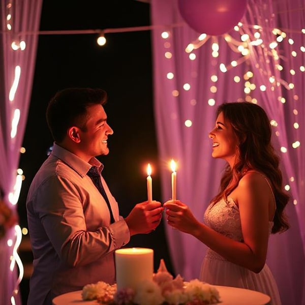 Couple holding candles celebrating their anniversary