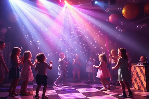 Children playing and dancing at a children's disco with the bubbles