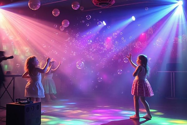 Children playing with bubbles at a childrens disco