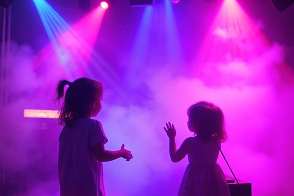 Two little girls playing in the fog at a childrens disco