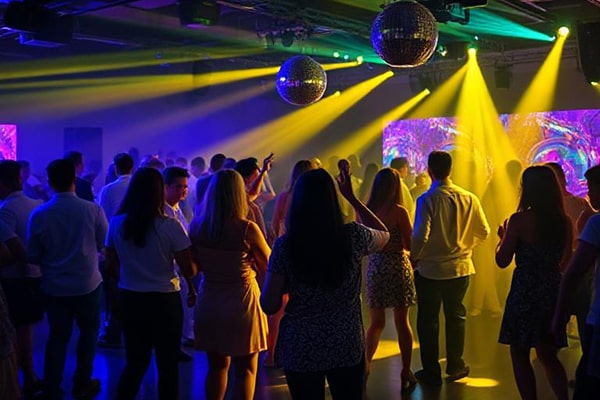 Corporate disco with guests dancing and colourful lighting