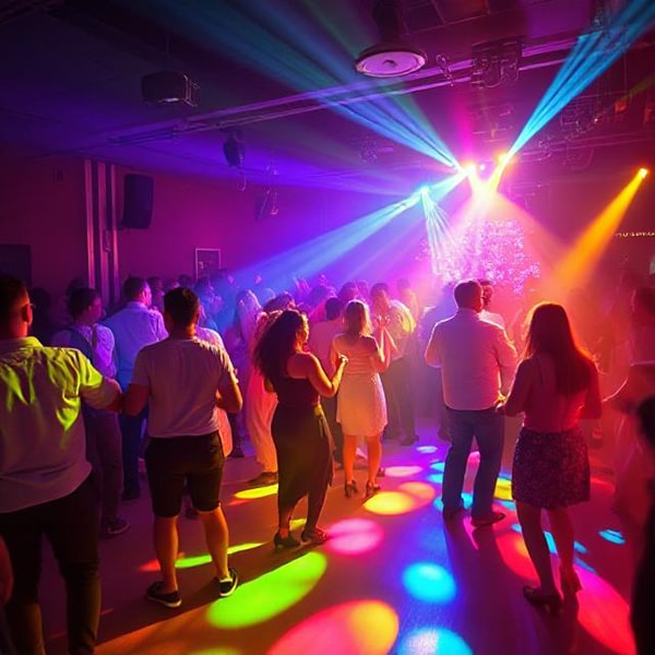 Corporate disco with guests in casual clothing