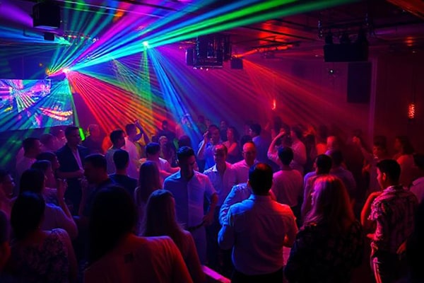 Corporate disco with lots of guests with bright lighting