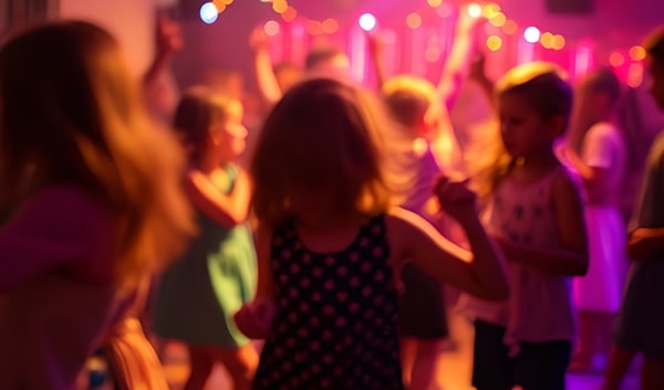 Children enjoying a party disco with games and lights