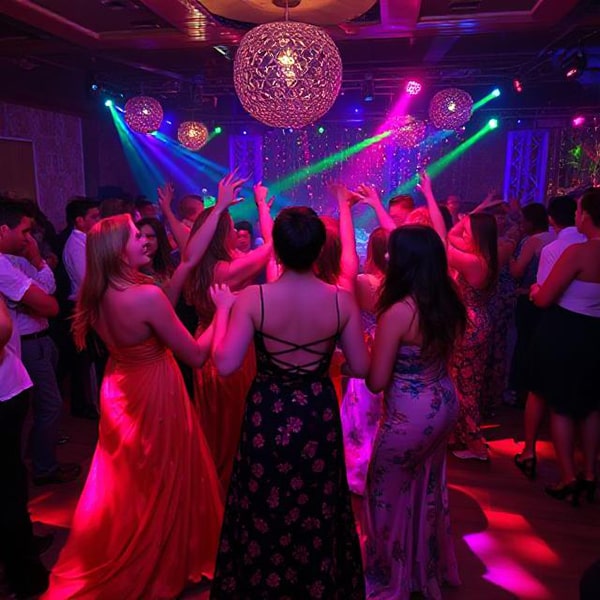 School prom with a crowd of girls dancing