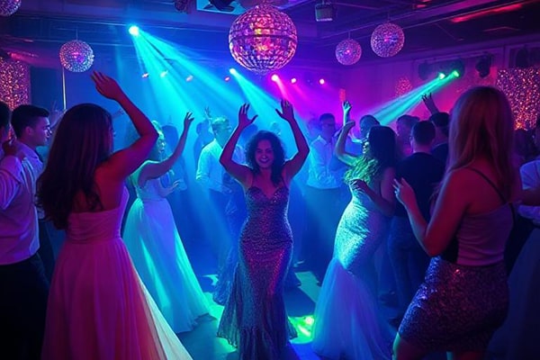 School prom withs students dancing with hands in the air