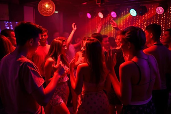 A large group of teenagers at a disco with red lighting