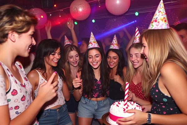 Group of teenagers wearing party hats and holding a birthday cake