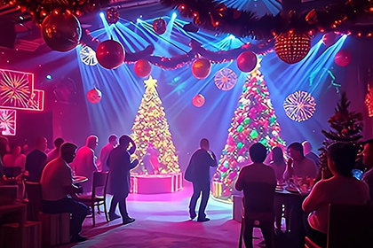 Themed Christmas disco with vibrant lights and decorations