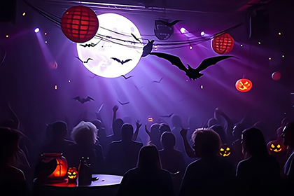 Themed Halloween disco with vibrant lights and decorations