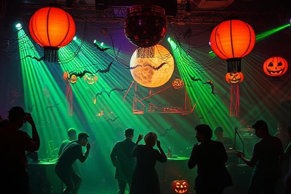 A Halloween themed disco with matching lighting and decor