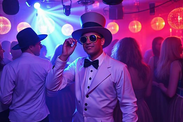 A themed disco with guests dressed in top hat and tails